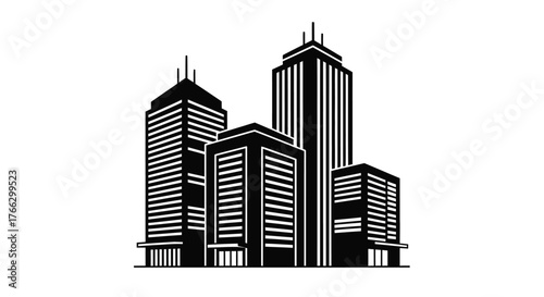 A striking black and white illustration of a modern city skyline