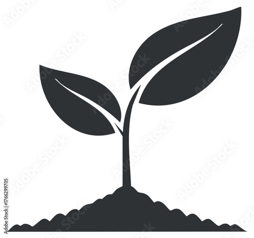 Minimalist graphic icon of a young plant sprout with two leaves emerging from soil
