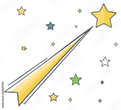Shooting Star Illustration with Surrounding Celestial Stars Cartoon Style Drawing