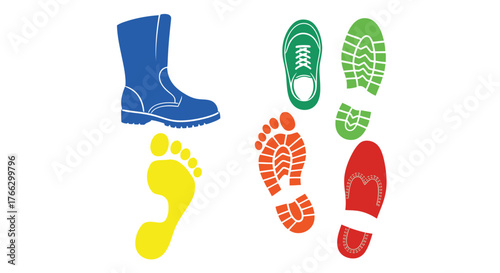 Colorful boot and footprint outlines against a stark white background