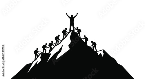 A group of silhouetted figures climbing a steep mountain to success