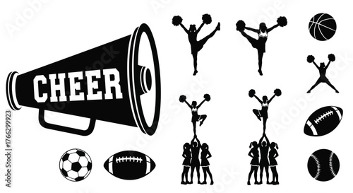 Cheerleading elements including megaphones athletes and various sports balls illustration