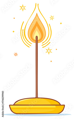 Burning aromatic incense stick with a glowing flame and sparkles in a traditional holder