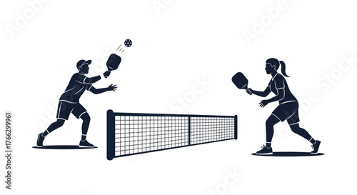 Silhouette of two players engaged in a dynamic pickleball match