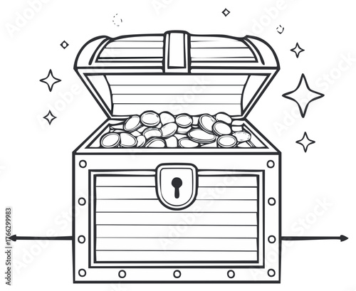 Black and white line art illustration of an open treasure chest full of gold coins with sparkles