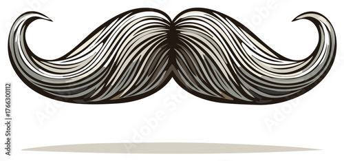 Cartoon Drawing of a Stylized Curled Mustache, Gray and White Color Palette, Isolated on White