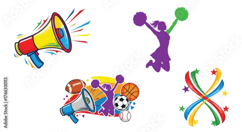 Cheerleading sports equipment and celebratory graphics in a vibrant illustration