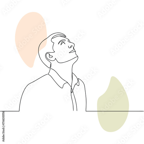 Single Line Drawing of a Man Looking Upward with Abstract Shapes Illustrating Hope and Optimism Concept for Minimalist Art and Business Presentations