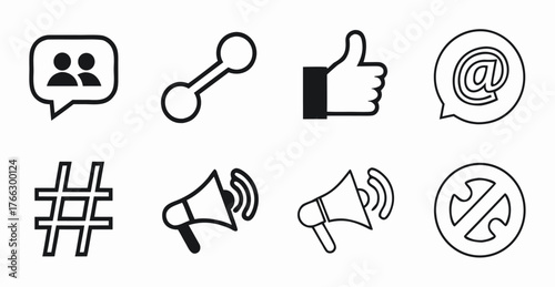 Digital Communication Icons: A set of digital communication icons, each conveying a unique message. Featuring symbols like share, like, mention, hashtag, and others.
