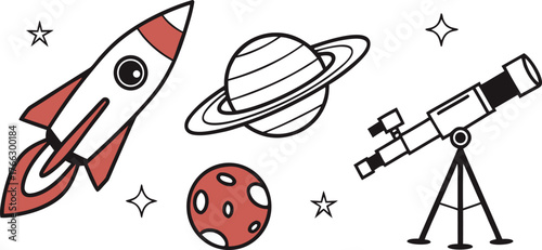 Celestial Exploration: Depicting a rocket soaring into the inky blackness, accompanied by a telescope focused on an outer planet.