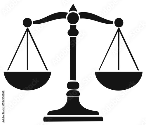 Black silhouette of a justice scale balanced with empty pans on a white background symbolizing fairness and equilibrium