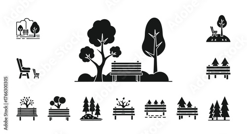 Black and white park icons depicting trees benches and seating areas
