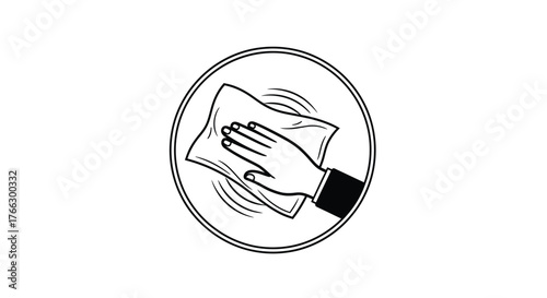 Hand wiping a surface within a circular frame simple monochrome illustration