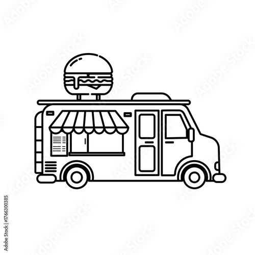 Line Art Food Truck with Burger Icon Vector Illustration, Stroke Editable 