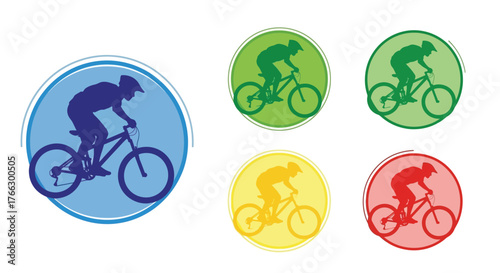 Colorful silhouettes of cyclists riding mountain bikes in oval frames