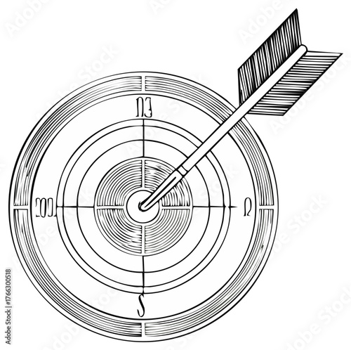Engraved arrow on a compass target symbolizing navigation and goals