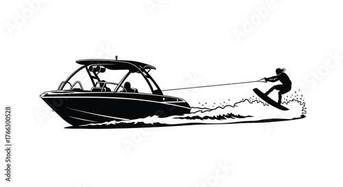 Black and white illustration of a boat pulling a waterskier on water