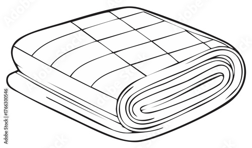 Simple Folded Quilt Illustration with Square Pattern, Black and White Line Art