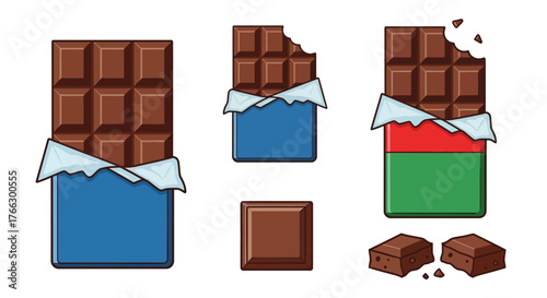 Illustration of chocolate bars partially unwrapped with broken pieces nearby