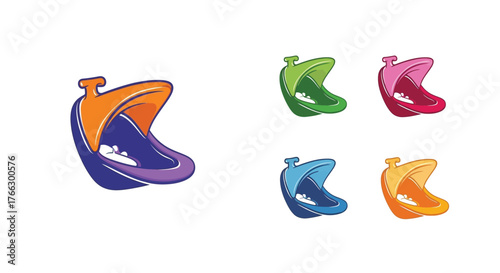 Colorful plastic baby cradles or infant seats in various hues displayed
