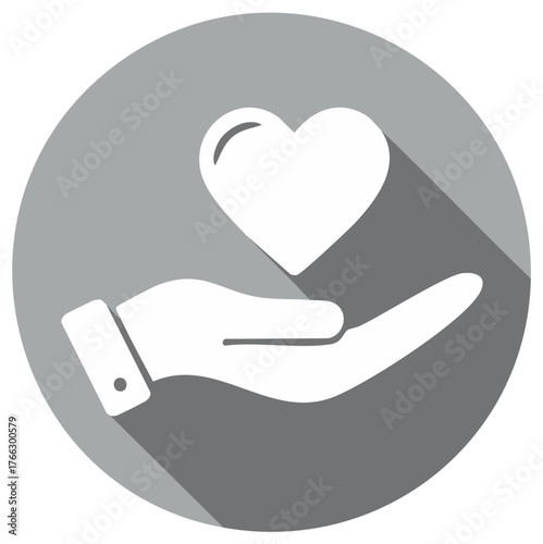 Hand giving a heart flat icon with long shadow symbol of charity care and love