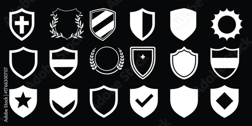 Collection of white shield icons with various symbols and designs on black background