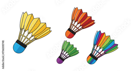 Colorful cartoon shuttlecocks showcase vibrant designs for badminton play and sports
