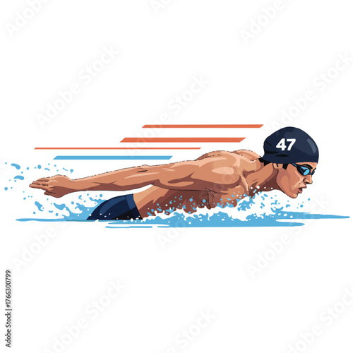 Powerful male athlete executing a butterfly stroke during a swimming race, stylized as a vibrant 2D flat vector illustration viewed from the side, emphasizing competitive speed.