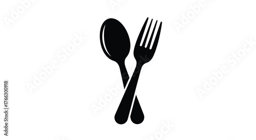 Simple black and white illustration depicting a crossed fork and spoon