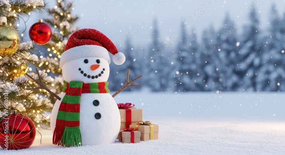 Fototapeta premium Festive Snowman Scene with Christmas Tree and Gifts in Winter Wonderland.