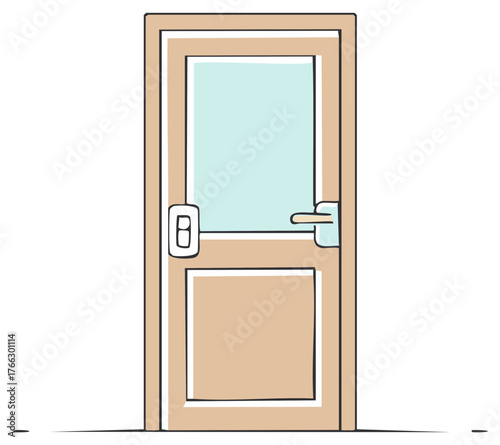 Hand drawn cartoon illustration of a modern closed door with a glass window and electronic lock