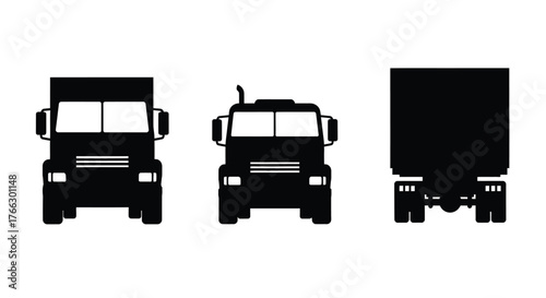 Black silhouette illustrations of three different commercial trucks in a row