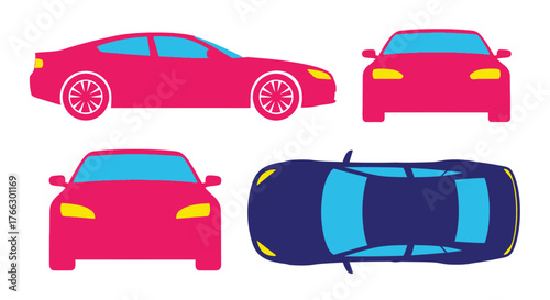 Stylized pink and blue car illustrations showcasing different vehicle views