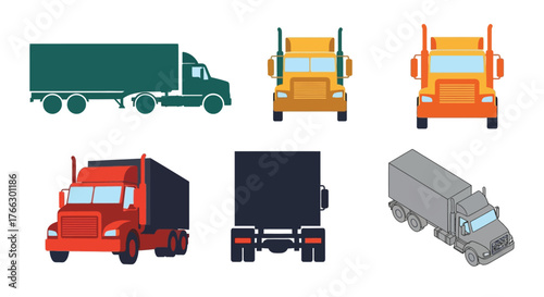 Collection of colorful semi trucks and trailers in a flat design