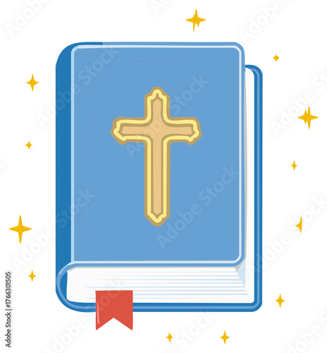 Holy Scripture book with golden cross and red bookmark surrounded by divine sparkles
