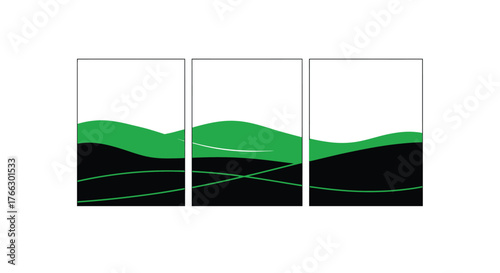 Abstract triptych art featuring green and black wavy shapes on white