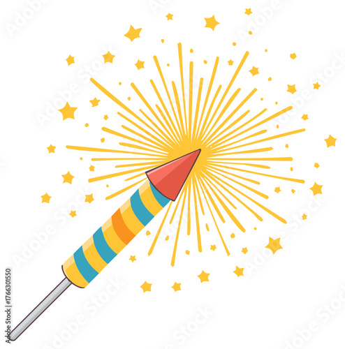 Cartoon firework rocket with stars exploding vector illustration