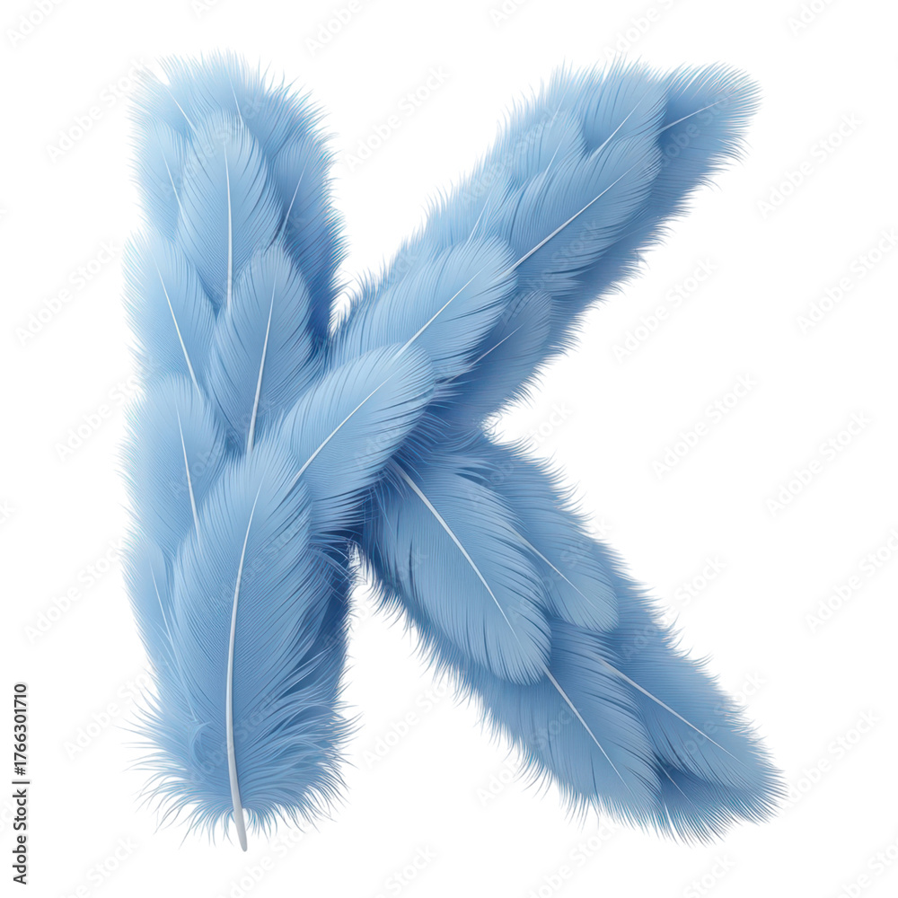 Obraz premium Letter k made of light blue feathers isolated on transparent background