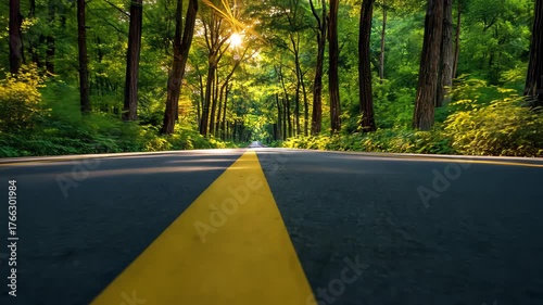 Road stretches into a sun-drenched forest. Tall trees line a highway with a yellow central line