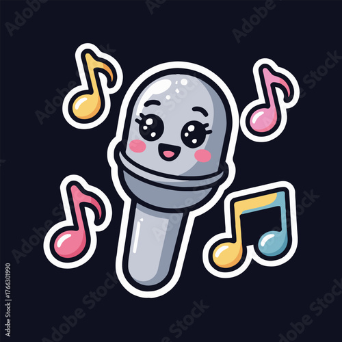 A cartoon microphone with a face surrounded by musical notes on a dark background illustration