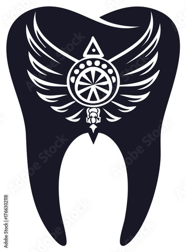 Abstract human molar tooth design featuring a central winged wheel icon
