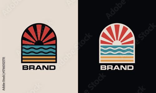 Retro-inspired logo of a rising sun over blue waves inside an arch frame, evoking travel, summer, and relaxation vibes.