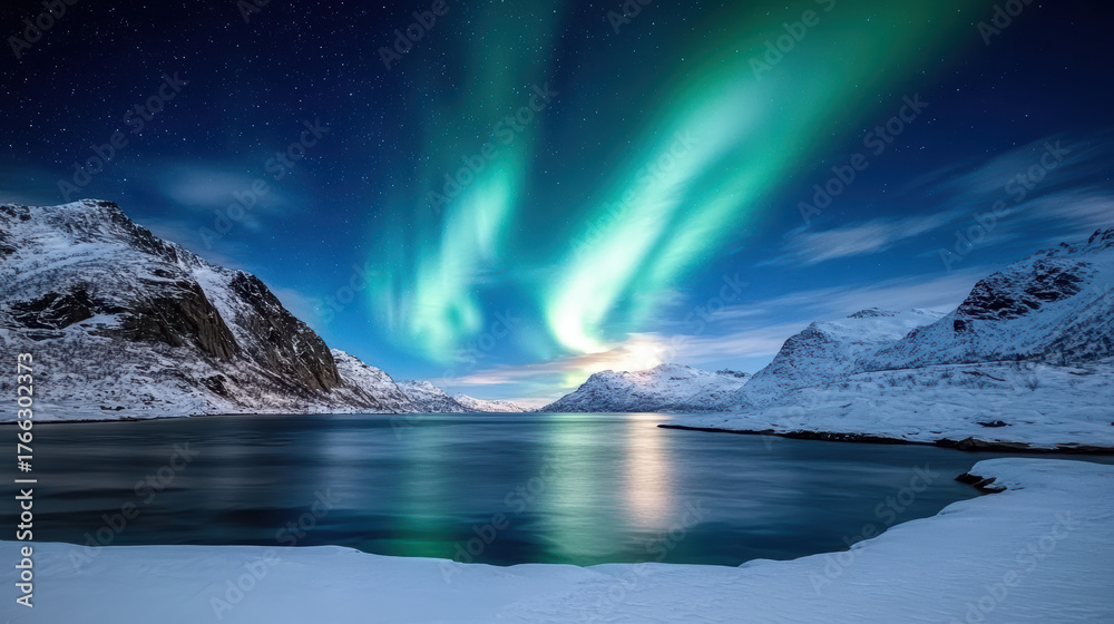 Fototapeta premium Majestic aurora borealis illuminating snowy mountains and calm water at night