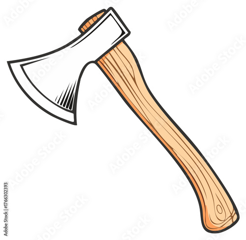 Illustrative wooden axe with a sharp metal blade and a curved handle