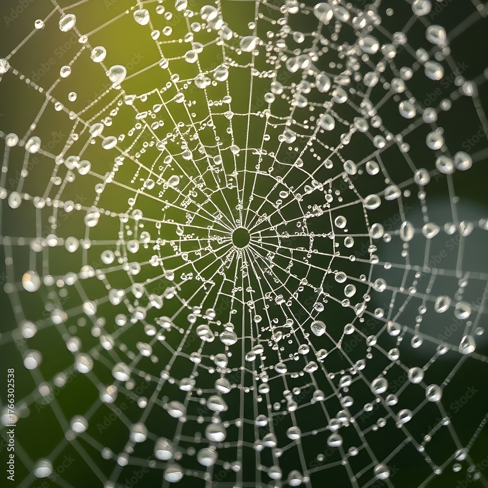 Obraz premium Macro detail of an intricate spider's web bejeweled with shimmering morning dew droplets against a soft green bokeh background