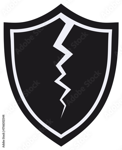 Cracked black shield icon representing compromised protection and security failure vulnerability