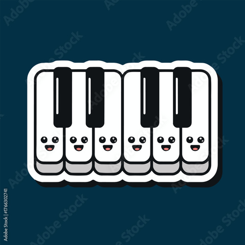 Illustrated piano keys with cartoon faces on a dark background in a sticker style design