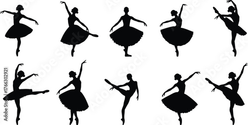 Ballet dancer silhouettes in classical poses wearing tutus, elegant vector illustration for dance, choreography, performance, and artistic stock content.