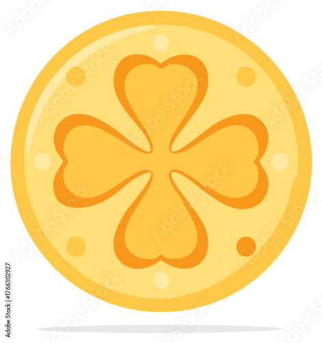 Golden lucky clover coin with stylized hearts and dots