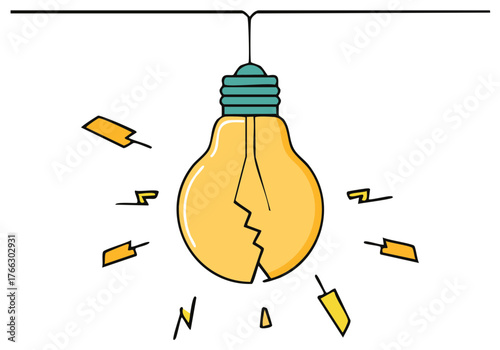 Stylized Cracked Light Bulb with Shattered Pieces - Illustration